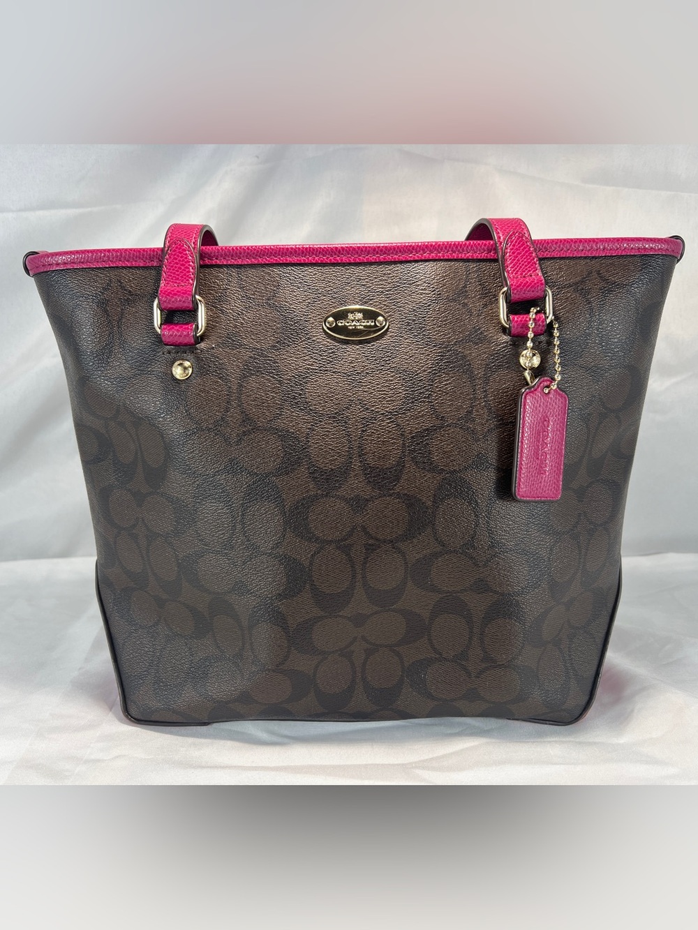 Coach Taylor Tote in Signature Canvas Style F58282 Mahogany/Fuchsia